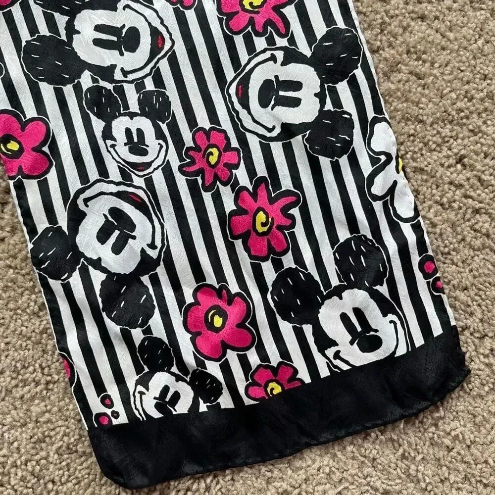 VTG Mickey Mouse Graphic Scarf Black White Pink Stripes 10x52 Disney Style